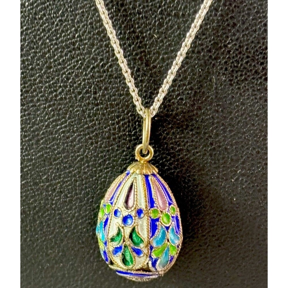 VTG Soviet Russian 925 Sterling Silver Vermeil Enamel Egg Pendant +18”7.17 Grams